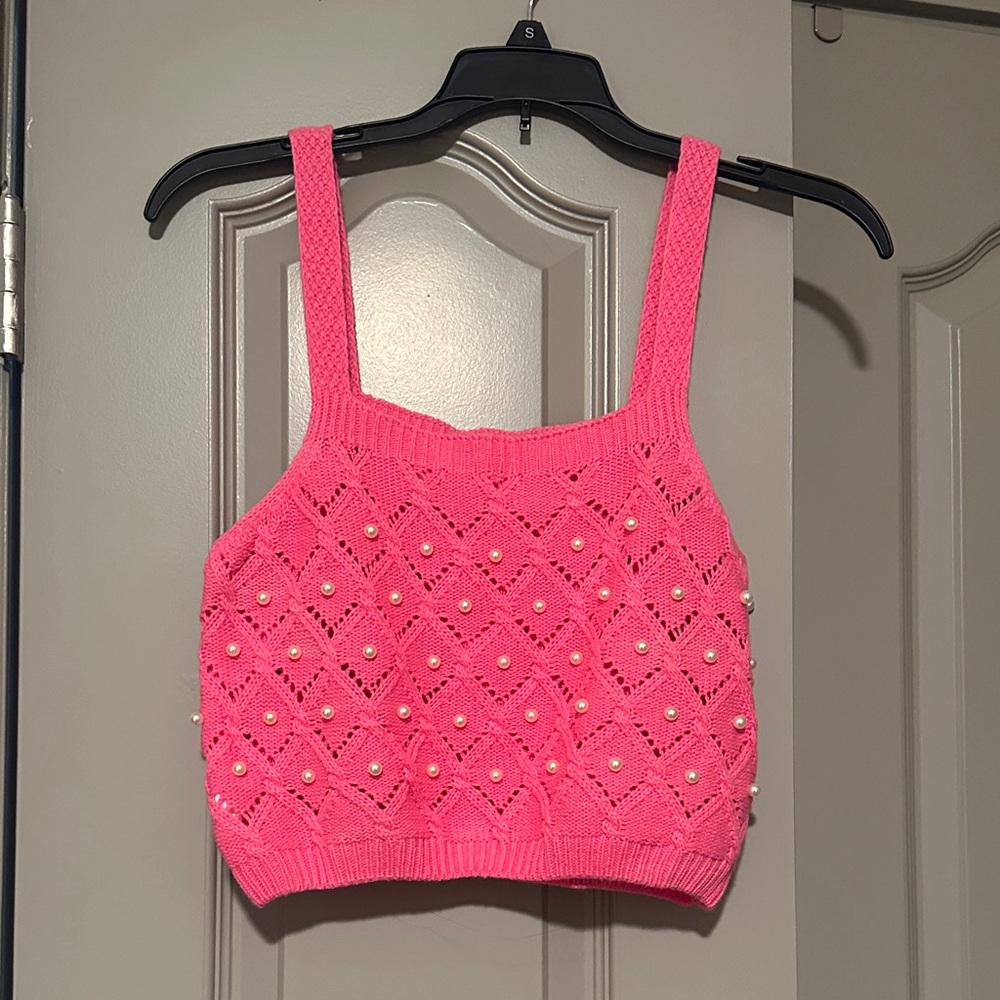 Pink Knit Crop Top with Pearl Accents